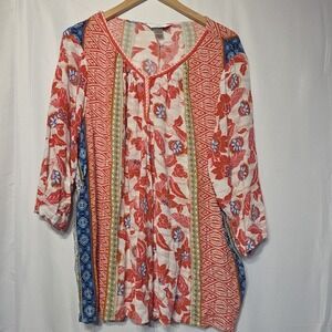 CJ Banks Floral Boho Tunic Top Womens 2X Braided Neck 3/4 Sleeve
